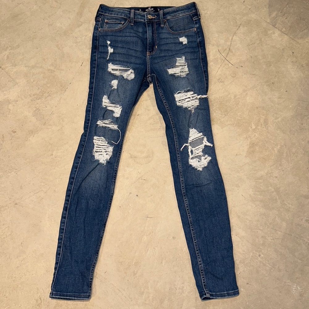 hollister blue high rise super skinny ripped jean